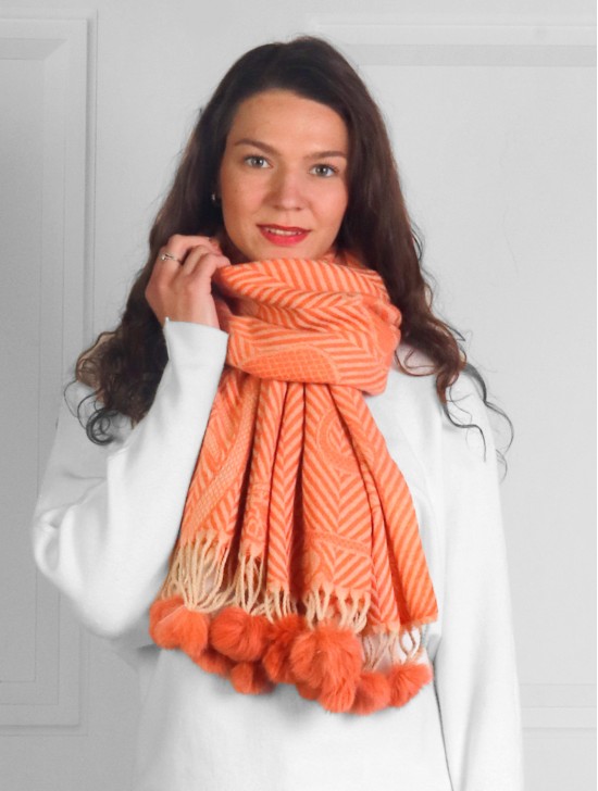 Cashmere Feeling Zig Zag & Rose Scarf with Pom-Poms